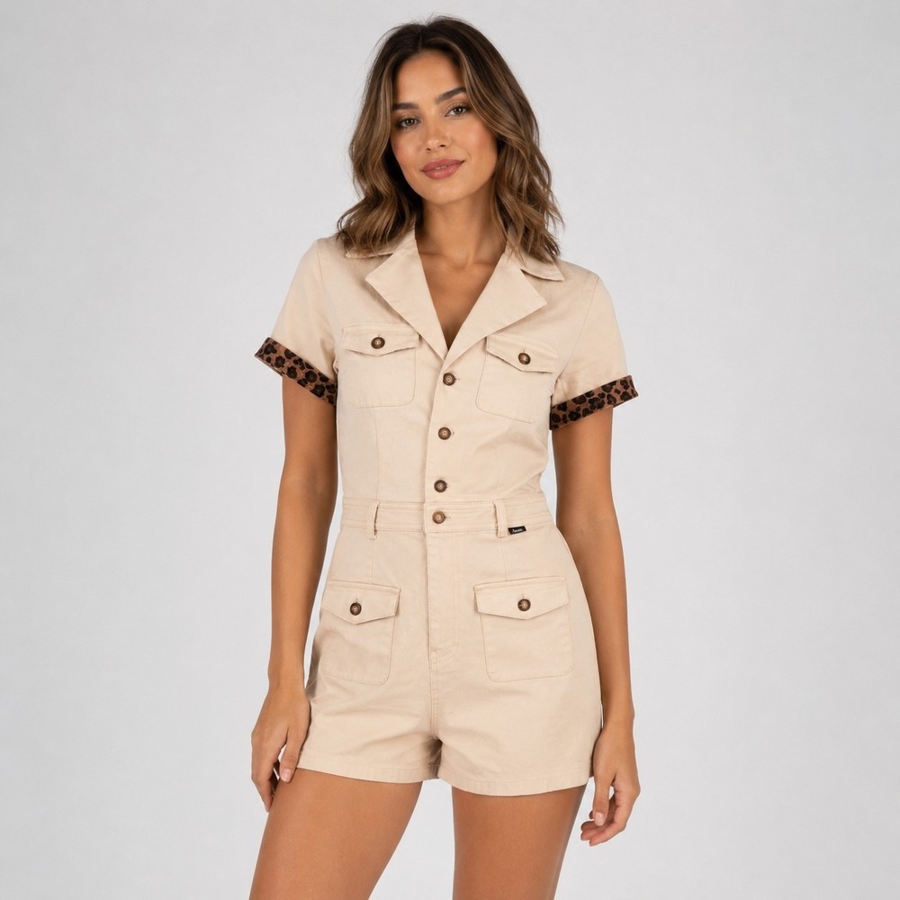 AFENDS Safari Playsuit Size XS (US 2/AU 6) Leopard Trim Utility-Style Romper NWT